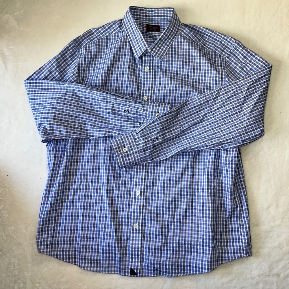 UNTUCKit Men XXL Blue Gingham Check Wrinkle Free Cotton Button Down Shirt Preppy